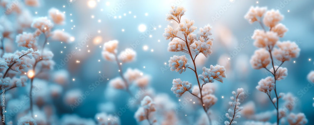 Frost covered plants with sparkling lights in the background, creating a magical winter scene with delicate snow-covered branches and warm bokeh. Seasonal , christmas, new year backdrop Frost covered plants with sparkling lights in the background, creating a magical winter scene with delicate snow-covered branches and warm bokeh. Seasonal , christmas, new year backdrop