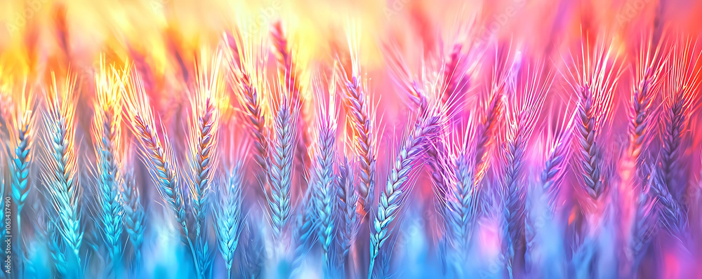 A surreal, rainbow-hued depiction of wheat fields, with pink, blue, and yellow tones creating a vibrant and dreamy atmosphere, perfect for whimsical and colorful nature-inspired designs. A surreal, rainbow-hued depiction of wheat fields, with pink, blue, and yellow tones creating a vibrant and dreamy atmosphere, perfect for whimsical and colorful nature-inspired designs.