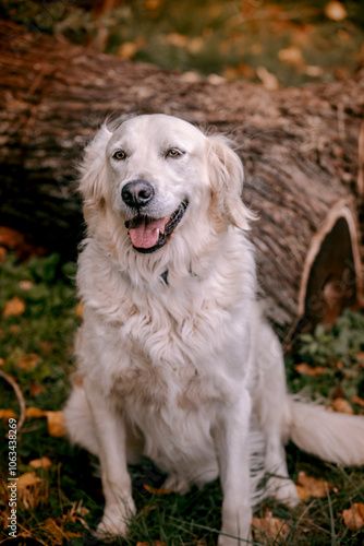 Golden retriever dog is sitting on the grass