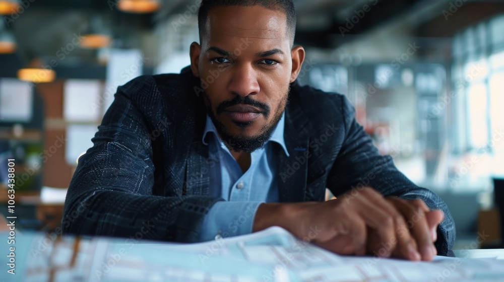 A focused businessman examines a building plan in a modern office, conveying determination and attention to detail. A focused businessman examines a building plan in a modern office, conveying determination and attention to detail.