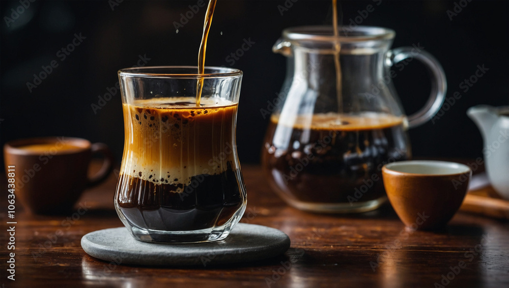 Vietnamese drip coffee slowly brewing into a glass with condensed milk at the bottom, creating a layered effect. Vietnamese drip coffee slowly brewing into a glass with condensed milk at the bottom, creating a layered effect.