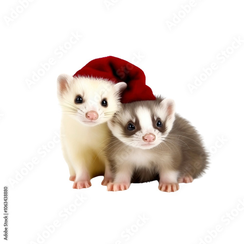 Two Adorable Ferrets Wearing a Santa Hat