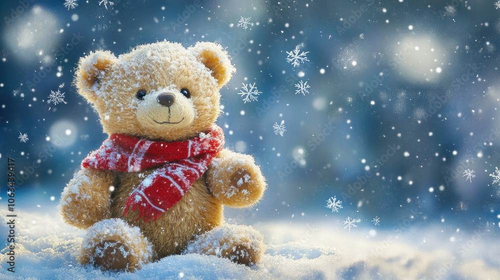 Playful winter product backdrop featuring soft snow, a teddy bear in a red scarf, and glistening snowflakes; ideal for children seasonal items or cozy winter collections Playful winter product backdrop featuring soft snow, a teddy bear in a red scarf, and glistening snowflakes; ideal for children seasonal items or cozy winter collections