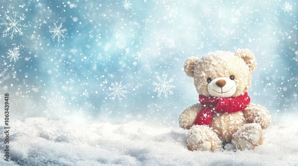 Playful winter product backdrop featuring soft snow, a teddy bear in a red scarf, and glistening snowflakes; ideal for children seasonal items or cozy winter collections Playful winter product backdrop featuring soft snow, a teddy bear in a red scarf, and glistening snowflakes; ideal for children seasonal items or cozy winter collections
