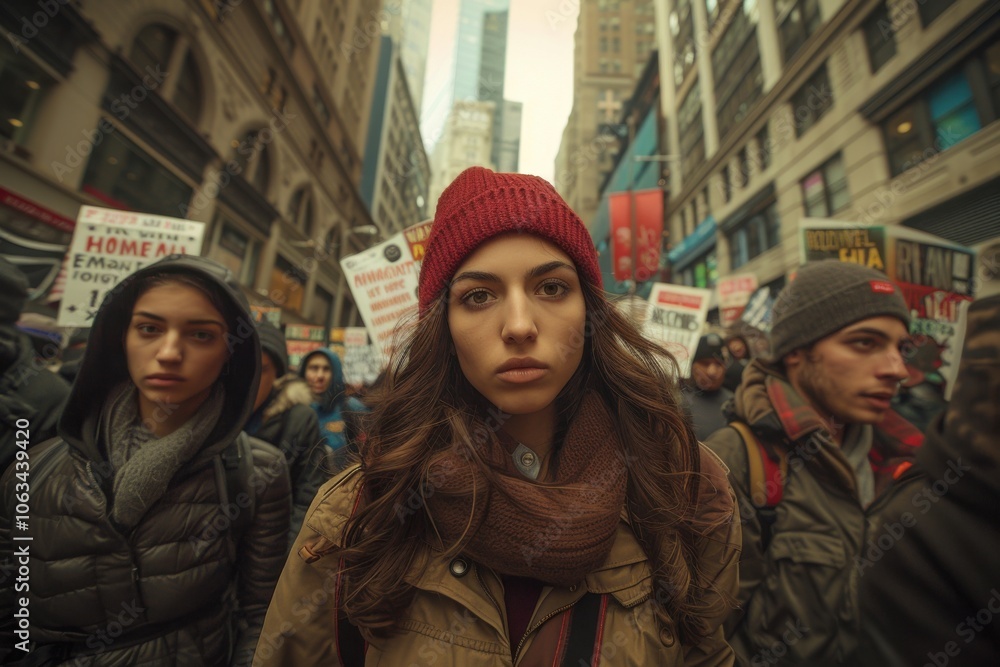 A determined group of diverse individuals participates in an activism rally for peace and human rights on a city street. A determined group of diverse individuals participates in an activism rally for peace and human rights on a city street.