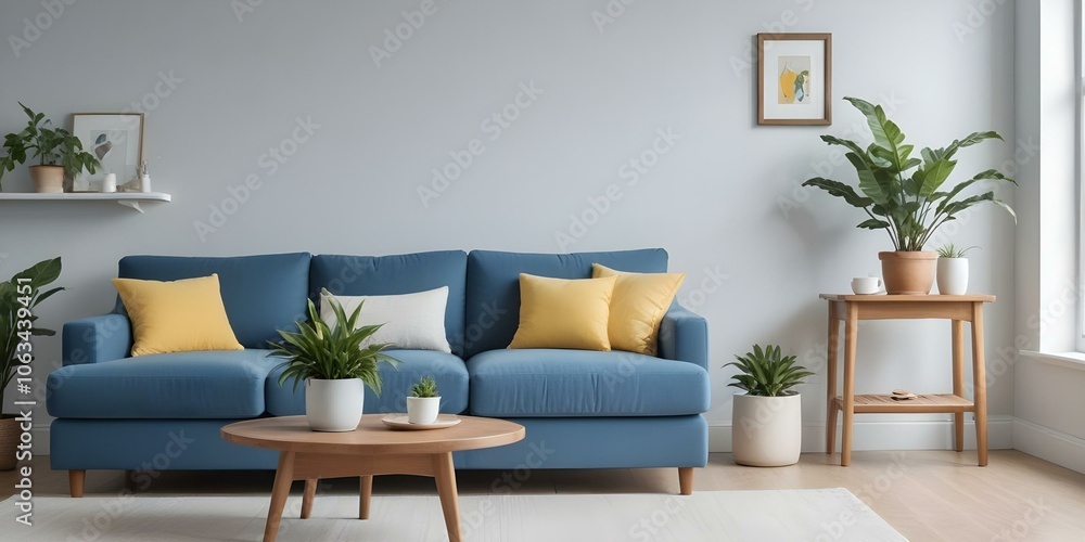 A modern living room with a blue sofa, white and yellow throw pillows, a wooden coffee table, and a potted plant on the windowsill. A modern living room with a blue sofa, white and yellow throw pillows, a wooden coffee table, and a potted plant on the windowsill.