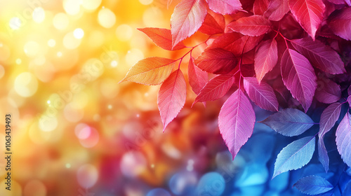 Yellow autumn leaves close up on rainbow background 