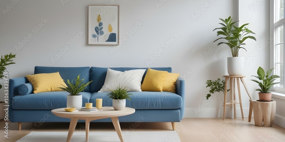 Obraz premium A modern living room with a blue sofa, white and yellow throw pillows, a wooden coffee table, and a potted plant on the windowsill.
