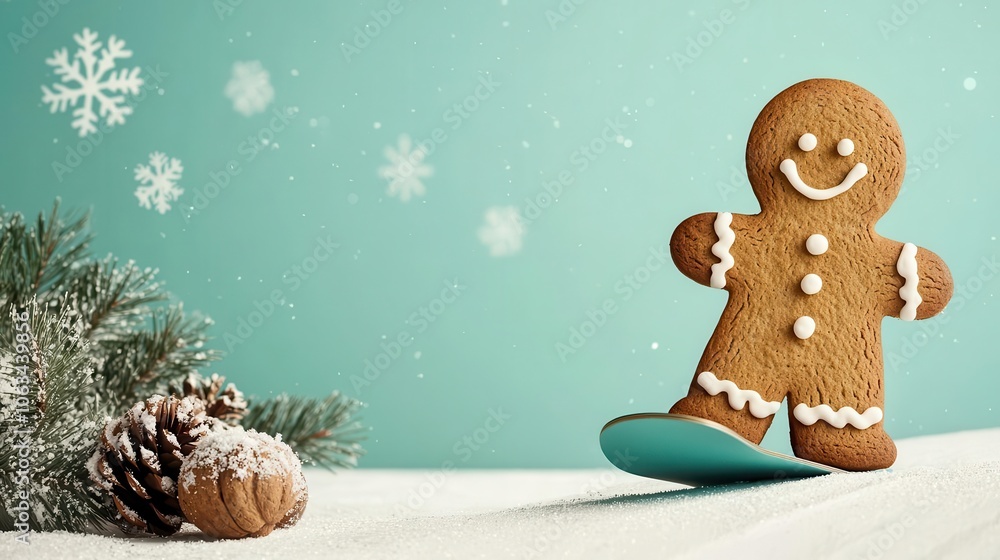 Fototapeta premium Gingerbread snowboarding high off a snowy ramp, holiday cheer, winter magic