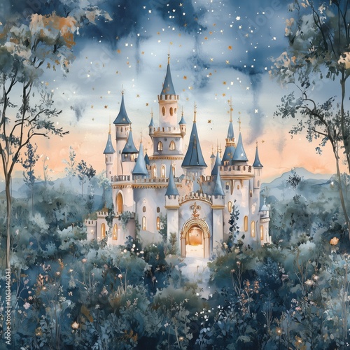 Whimsical watercolor cozy fairy-tale castles with ivy-draped walls