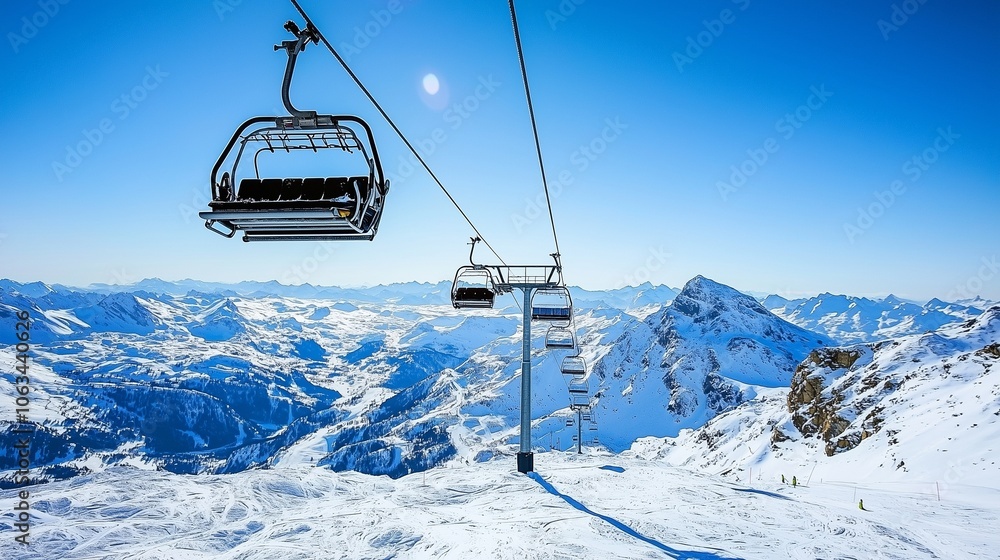 Obraz premium Ski lift above snowy peak. Serene winter escape with clear skies for skiing activities.