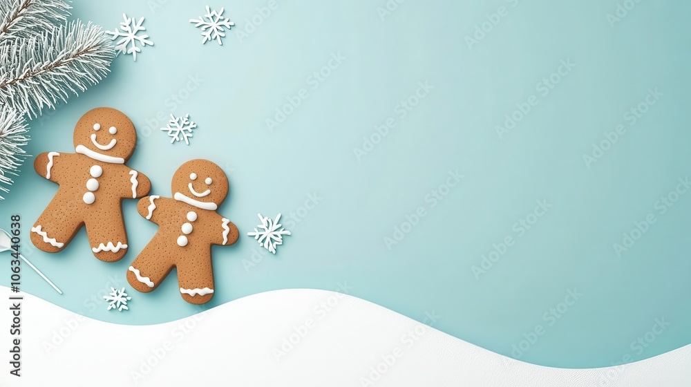 Naklejka premium Gingerbread cookies skiing together, snowy hill, vibrant holiday colors, cozy Christmas scene