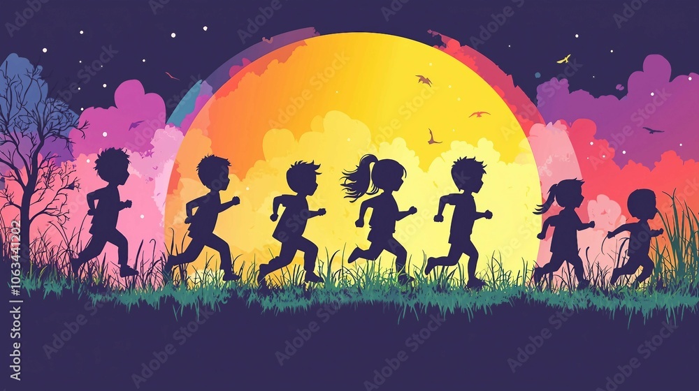 Children Running Under a Colorful Sunset Children Running Under a Colorful Sunset