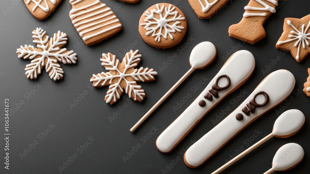 Closeup of holiday cookies shaped as skiing gear, snowflakes and candy decorations, festive touch Closeup of holiday cookies shaped as skiing gear, snowflakes and candy decorations, festive touch