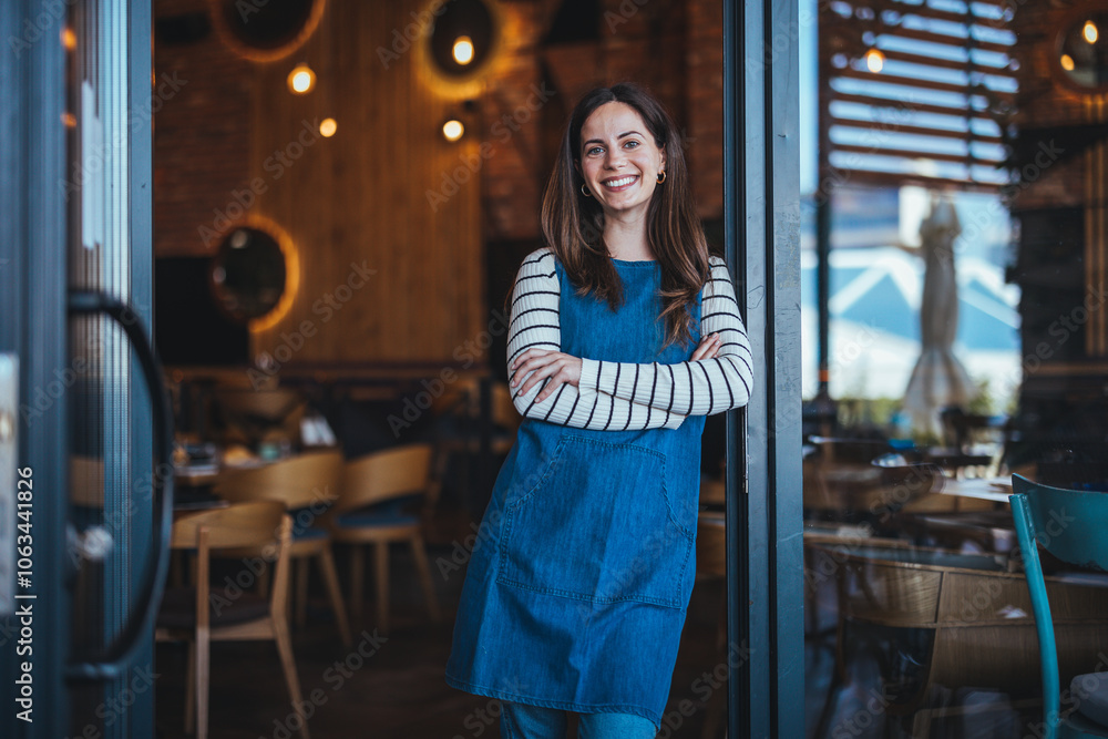 Smiling Woman Standing at Café Entrance in Casual Outfit Smiling Woman Standing at Café Entrance in Casual Outfit