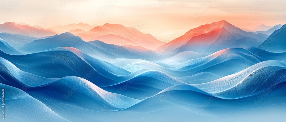 Abstract waves in blue and orange hues, evoking a serene landscape at sunrise. Abstract waves in blue and orange hues, evoking a serene landscape at sunrise.