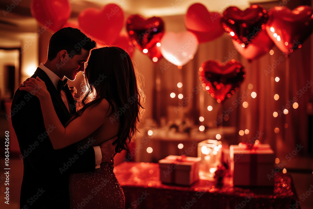 romantic couple dances under heart shaped balloons romantic couple dances under heart shaped balloons