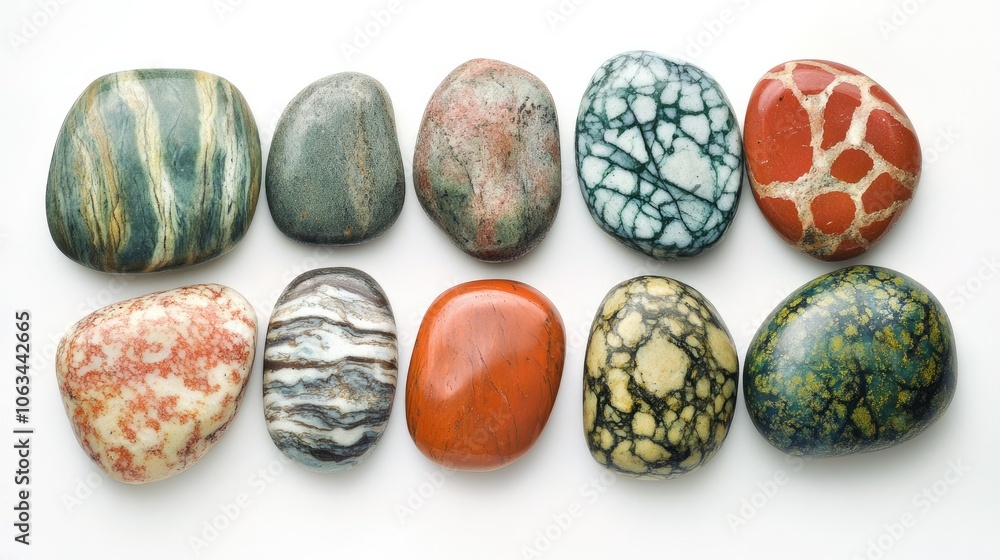 Smooth, colorful stones neatly arranged on a white background, each with unique patterns and textures Smooth, colorful stones neatly arranged on a white background, each with unique patterns and textures