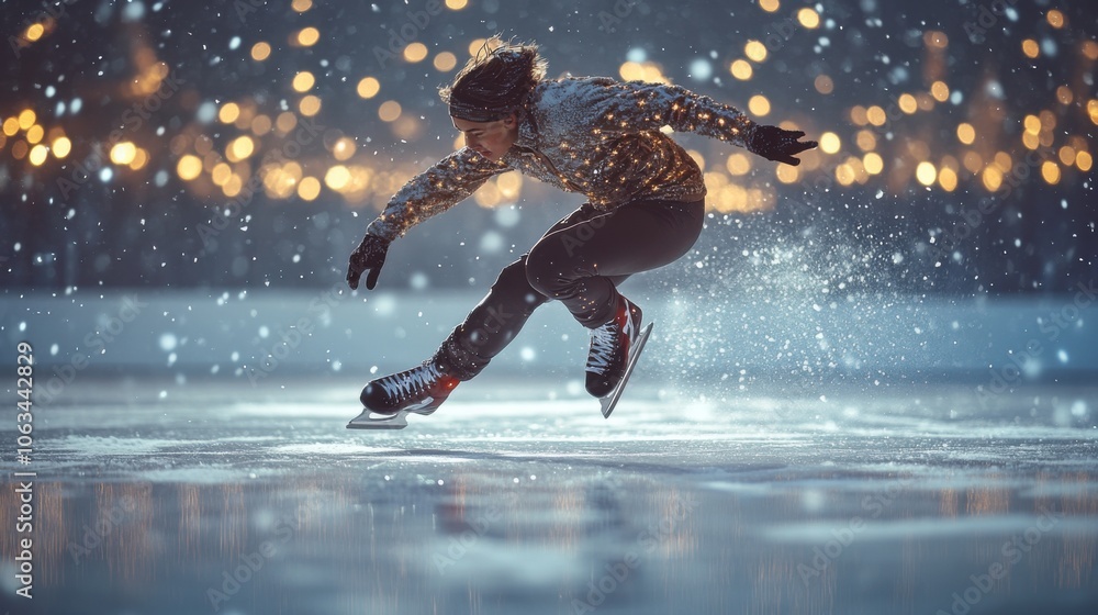 Naklejka premium A skilled figure skater performing a graceful jump on an indoor rink