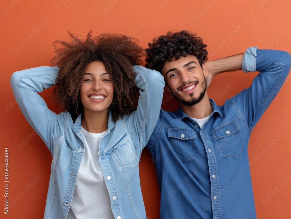 Two diverse individuals stand against a solid orange backdrop, smiling and relaxed with hands behind their heads, wearing casual denim shirts. Two diverse individuals stand against a solid orange backdrop, smiling and relaxed with hands behind their heads, wearing casual denim shirts.