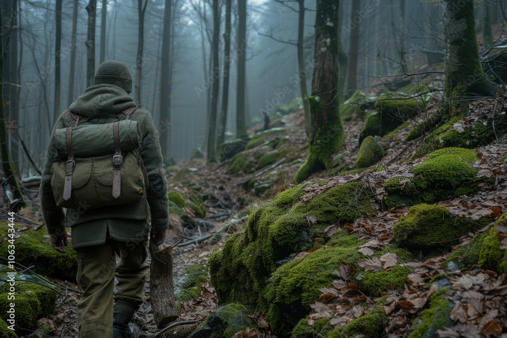 A person hiking in a misty forest. The scene captures the serene atmosphere of a moss-covered landscape with tall trees in the background. A person hiking in a misty forest. The scene captures the serene atmosphere of a moss-covered landscape with tall trees in the background.