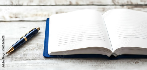 Wallpaper Mural An open notebook rests on a rustic wooden surface, accompanied by a blue pen, inviting creativity and reflection. Torontodigital.ca