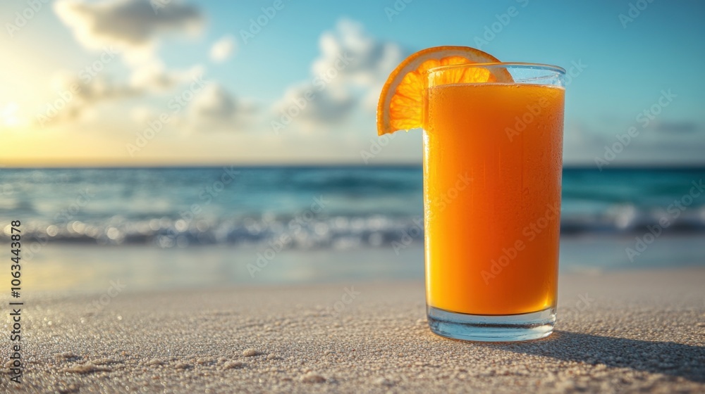 Glass of fresh orange juice on sandy beach with ocean view, tropical refreshment, vacation scene, healthy citrus drink, summer relaxation, beautiful seaside Glass of fresh orange juice on sandy beach with ocean view, tropical refreshment, vacation scene, healthy citrus drink, summer relaxation, beautiful seaside