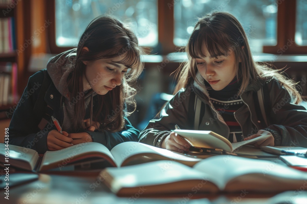 Two girls are studying together in a classroom, focusing on their books. The warm lighting creates a cozy academic atmosphere. Two girls are studying together in a classroom, focusing on their books. The warm lighting creates a cozy academic atmosphere.