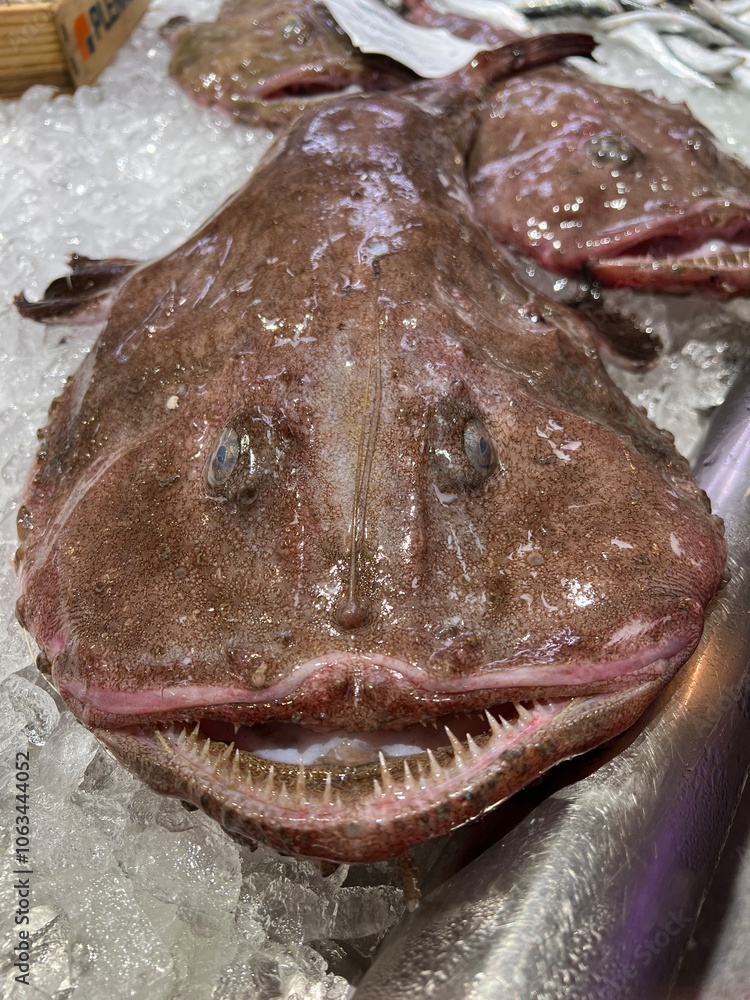 Obraz premium Seeteufel (Lophius piscatorius) auf dem Markt in Palamós