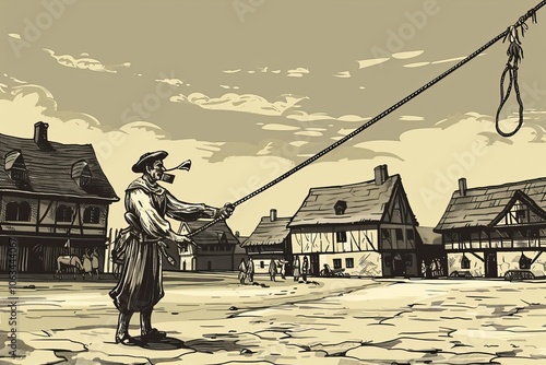 A town crier participating in a public flogging, a grim duty from the past ,vectorline design , illustration photo