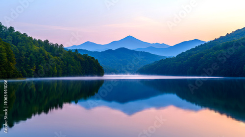 A serene lake surrounded by lush forests and mountains, reflecting the soft hues of dawn in a tranquil landscape.