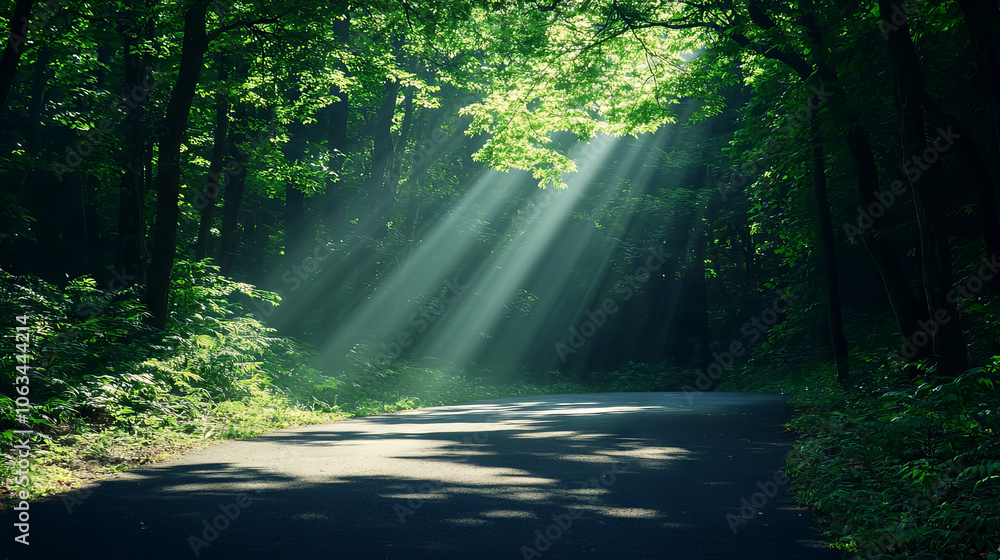 Obraz premium A serene forest scene with sunlight streaming through the trees, illuminating a quiet road surrounded by lush greenery.