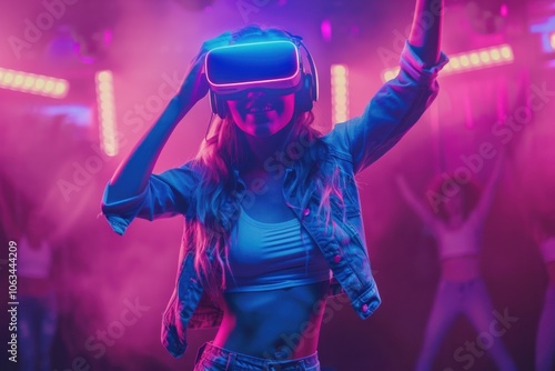 A young woman energetically dances in a vibrant, neon-lit environment while wearing a VR headset, embodying dynamic movement and futuristic vibes.