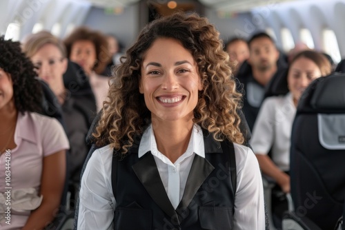 Happy flight attendant smiling with passengers during flight on plane