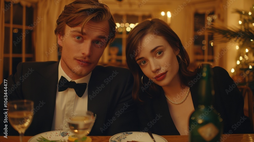 A charming couple poses indoors, elegantly dressed for the evening. The warm lighting adds to the cozy and intimate atmosphere. A charming couple poses indoors, elegantly dressed for the evening. The warm lighting adds to the cozy and intimate atmosphere.