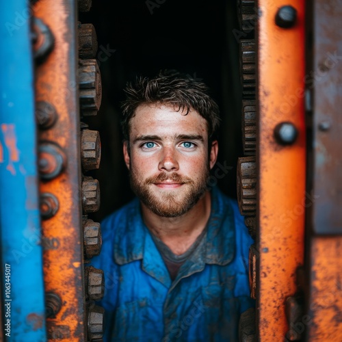 A young man with a beard and blue work shirt poses in an industrial setting.