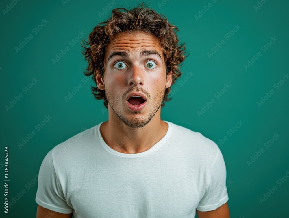 A man with curly hair looks surprised against a solid green background, wearing a white t-shirt. A man with curly hair looks surprised against a solid green background, wearing a white t-shirt.