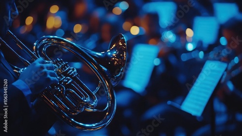 Close-up of a French horn player's hands during a performance, with the orchestra blurred in the background. photo