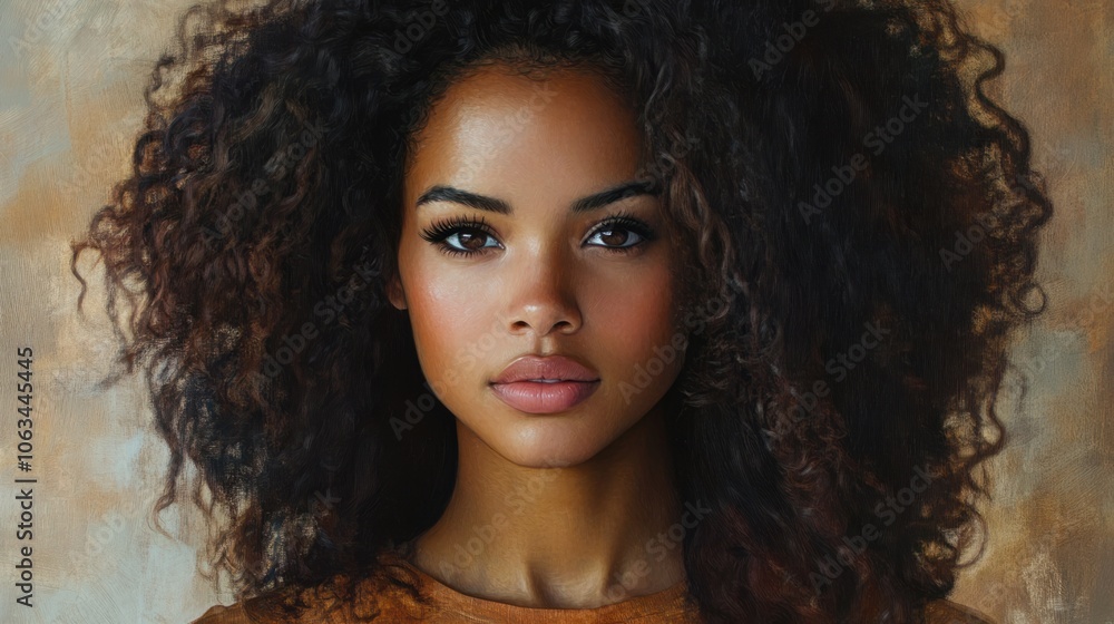 Elegant portrait of a woman with voluminous curls, looking confidently at the camera on a neutral background Elegant portrait of a woman with voluminous curls, looking confidently at the camera on a neutral background