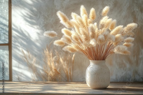 bohostyle beige background featuring a monochrome minimalist table with a vase creating a serene atmosphere for product showcase or promotion intertwined with natural elements photo