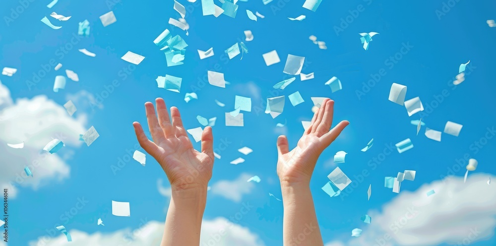 Confetti Celebration, hands reaching up to the sky Confetti Celebration, hands reaching up to the sky