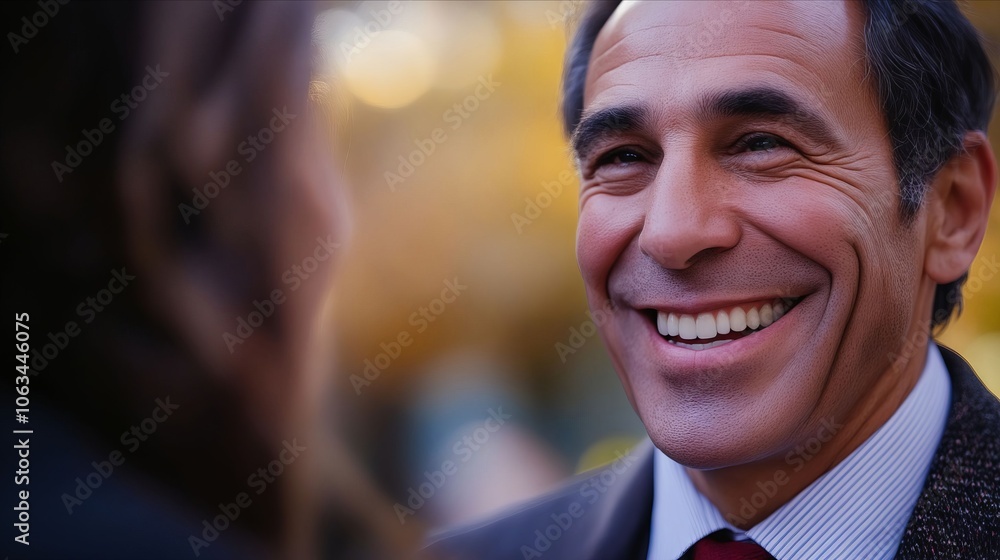 Fototapeta premium A man in a suit and tie smiles at a woman