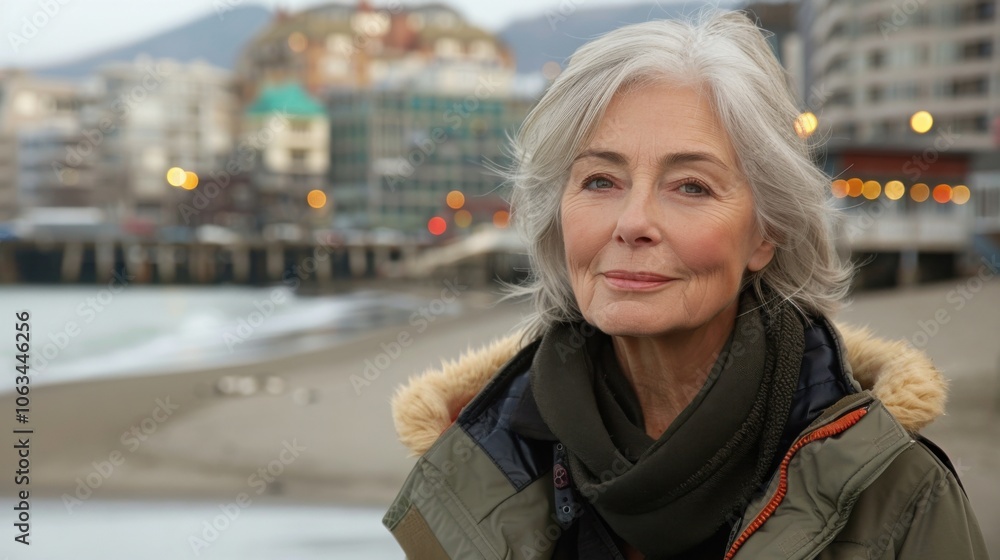 A senior woman with a gentle smile walks on a beach, wearing a warm coat. The background shows blurry city lights and a peaceful shoreline. A senior woman with a gentle smile walks on a beach, wearing a warm coat. The background shows blurry city lights and a peaceful shoreline.