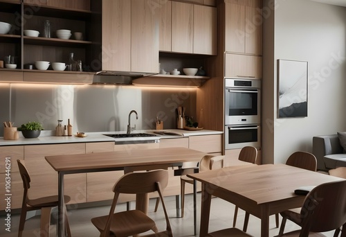 A modern, minimalist kitchen with wooden cabinets, stainless steel appliances, and a wooden dining table with chairs.