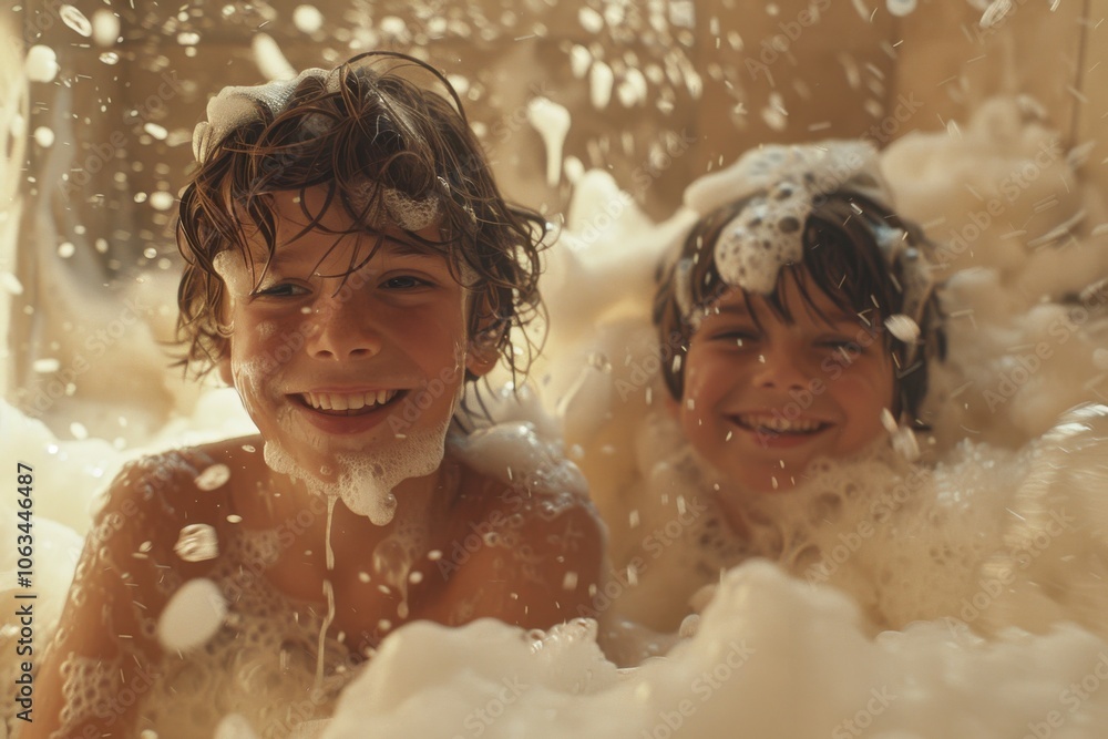 A playful father and son enjoy a fun moment covered in shaving foam, smiling warmly amid a bubbly mess, creating a cheerful and light-hearted atmosphere. A playful father and son enjoy a fun moment covered in shaving foam, smiling warmly amid a bubbly mess, creating a cheerful and light-hearted atmosphere.