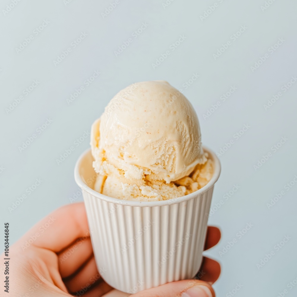 A hand holding a cup of creamy vanilla ice cream. A hand holding a cup of creamy vanilla ice cream.