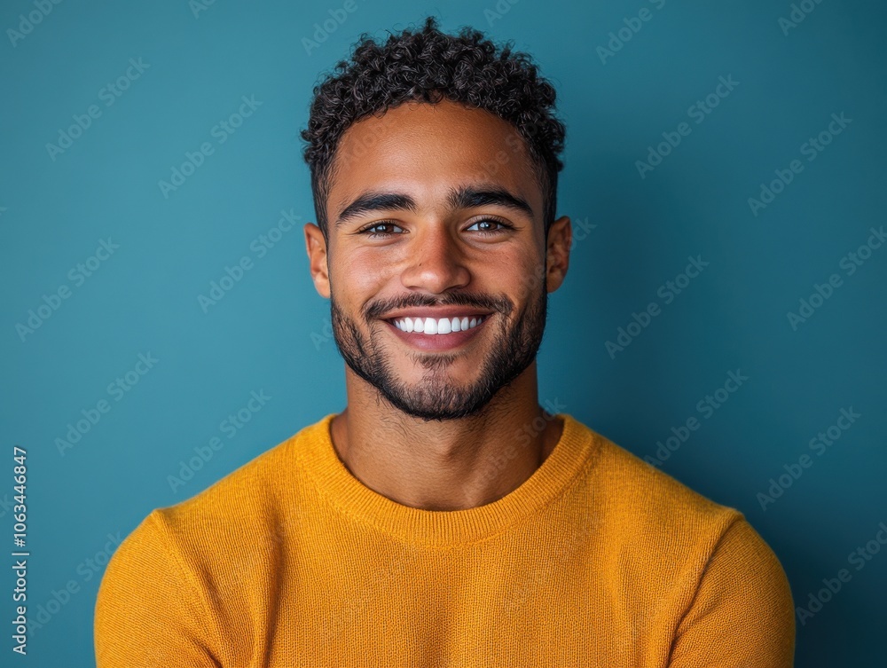 A man with curly hair smiles confidently against a solid blue background, wearing a mustard yellow sweater. A man with curly hair smiles confidently against a solid blue background, wearing a mustard yellow sweater.