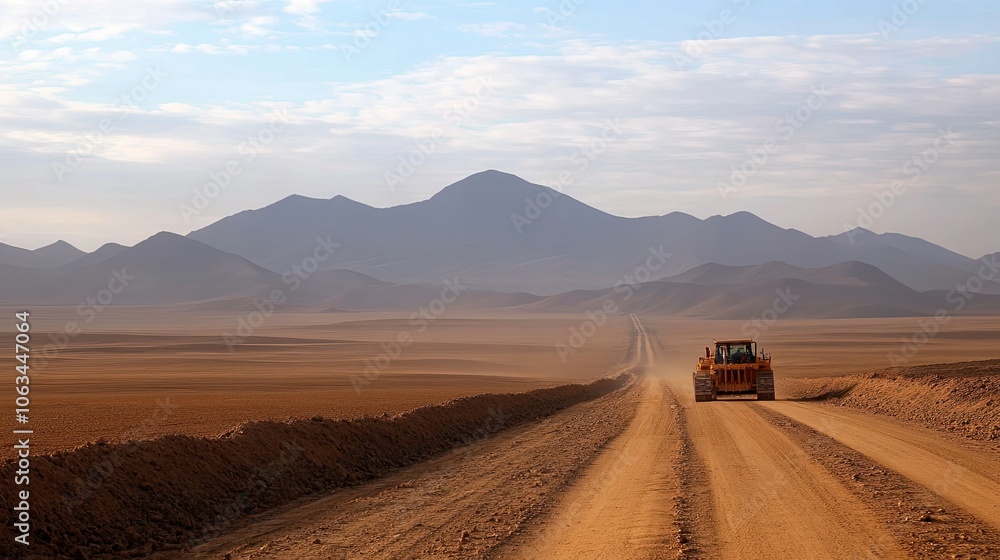 Construction Vehicle on Desert Road with Mountain View Construction Vehicle on Desert Road with Mountain View