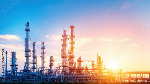 Industrial oil and gas refinery at sunset, showcasing tall structures and pipes. scene reflects growth and energy in industrial sector, with vibrant sky