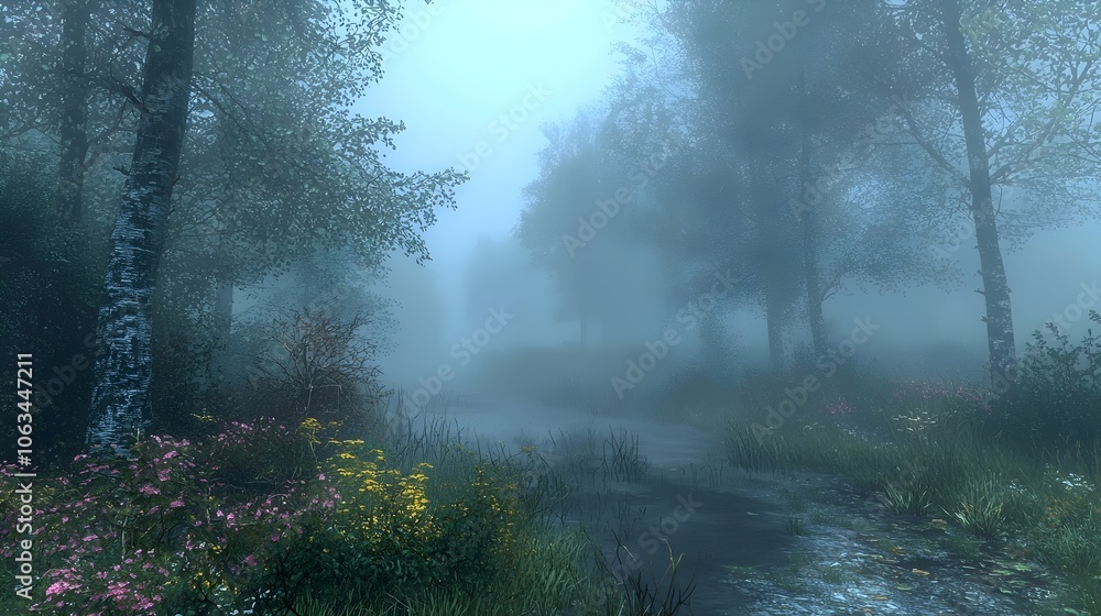 A serene landscape featuring a misty forest with tall trees and vibrant wildflowers, creating a tranquil atmosphere in subdued colors of green and yellow. A serene landscape featuring a misty forest with tall trees and vibrant wildflowers, creating a tranquil atmosphere in subdued colors of green and yellow.